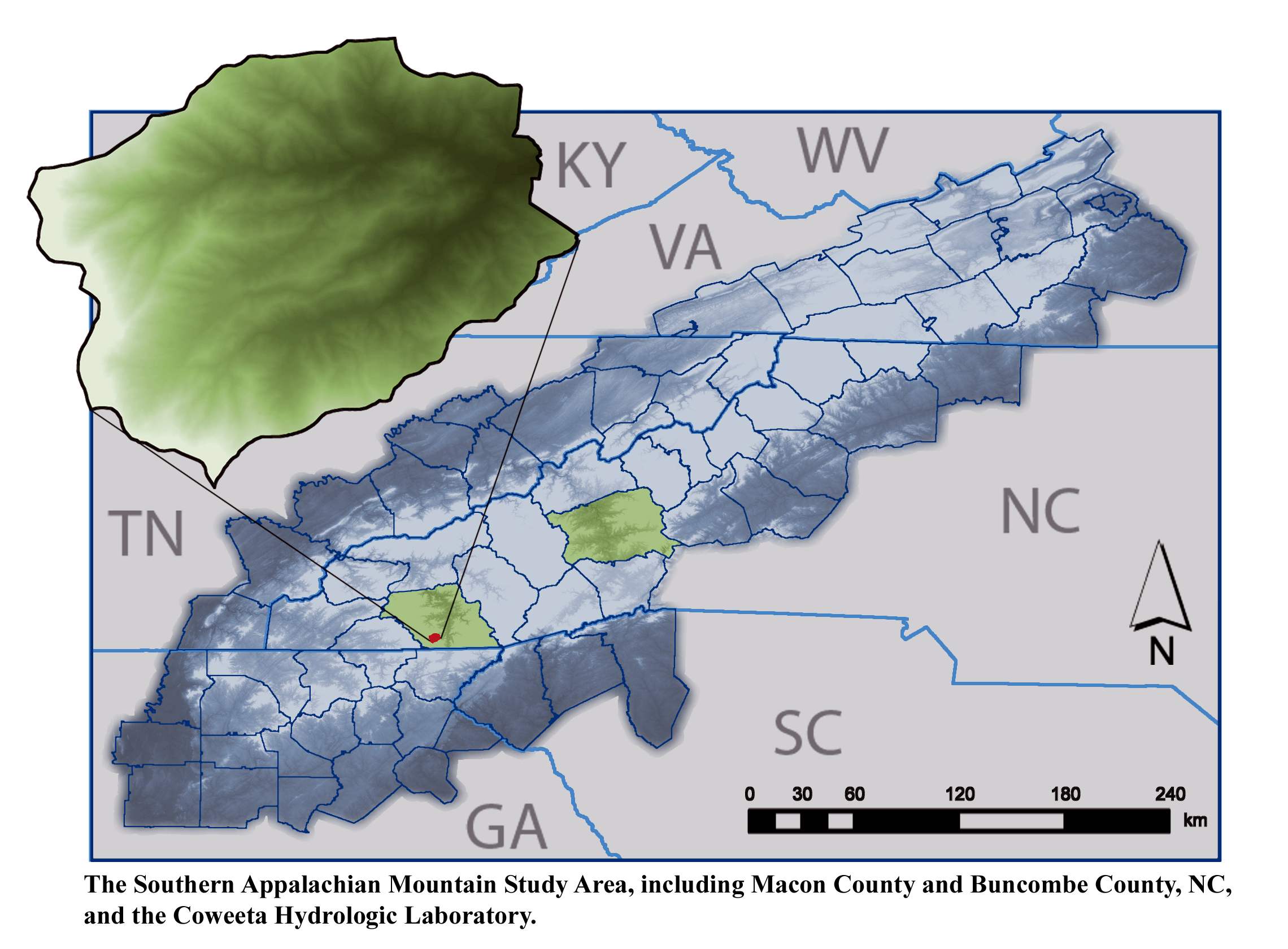 Location of the Coweeta Hydrologic Laboratory and Southern Appalachian Study Area